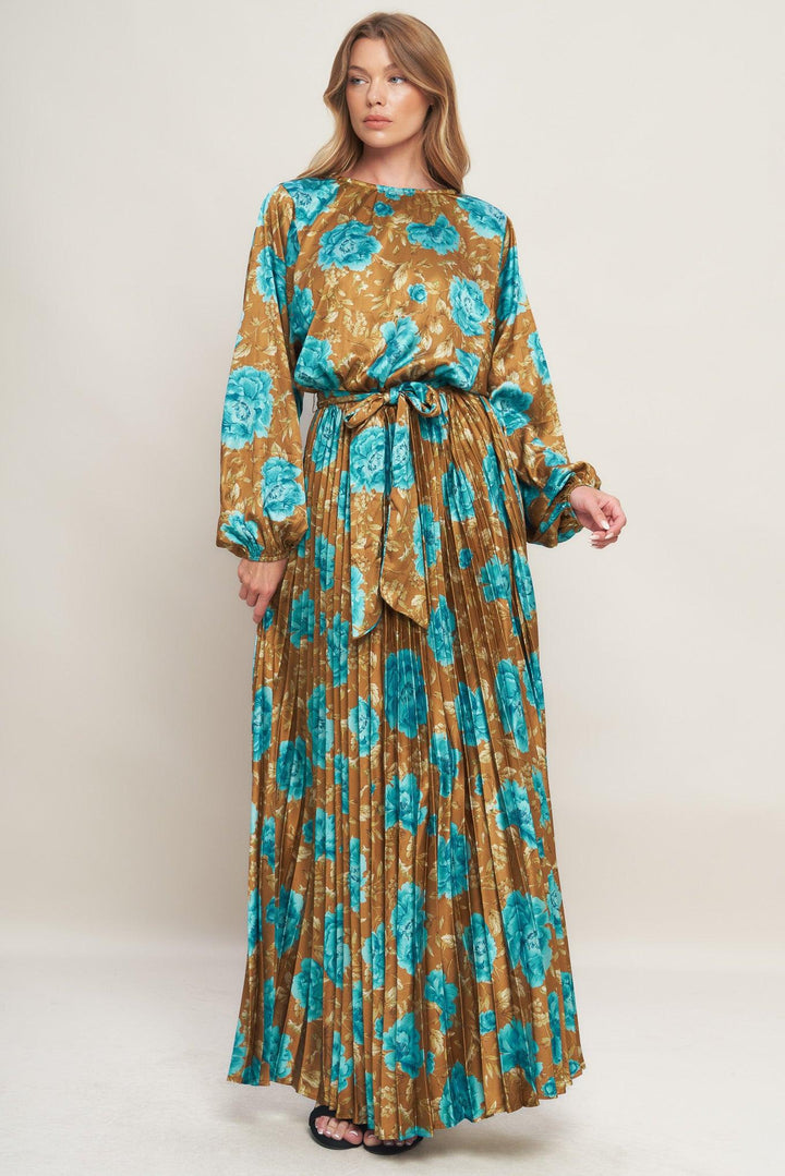 GOLDEN BLOOM LUXE WOVEN SATIN MAXI DRESS