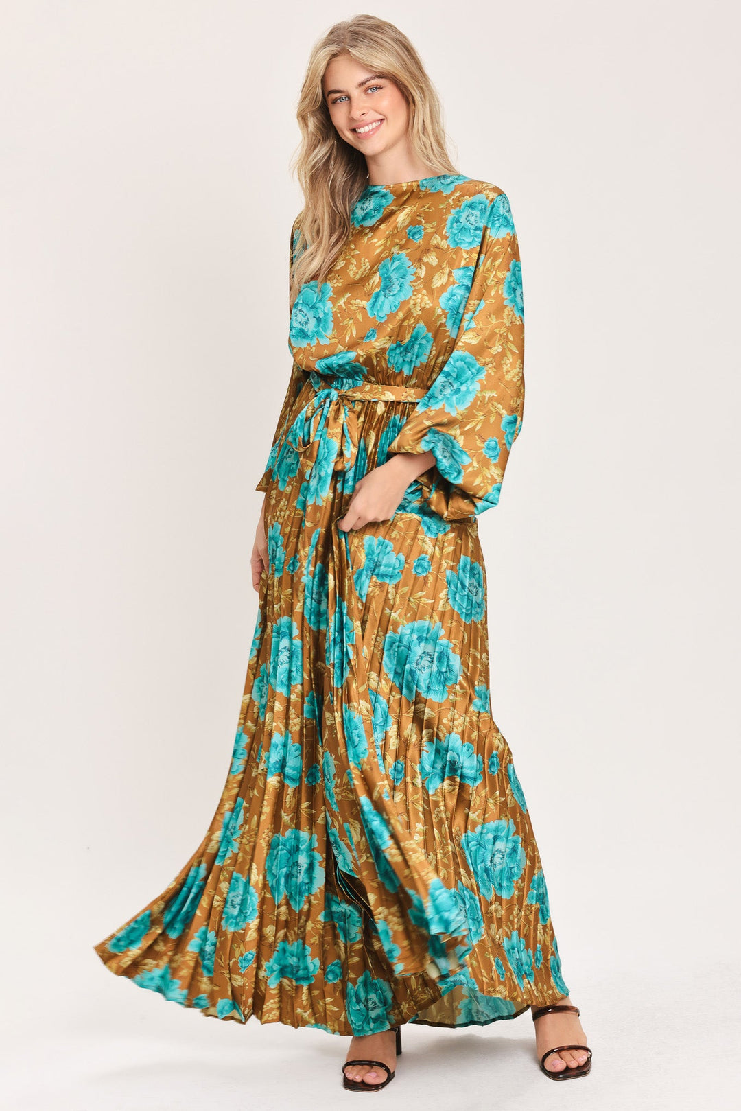 GOLDEN BLOOM LUXE WOVEN SATIN MAXI DRESS