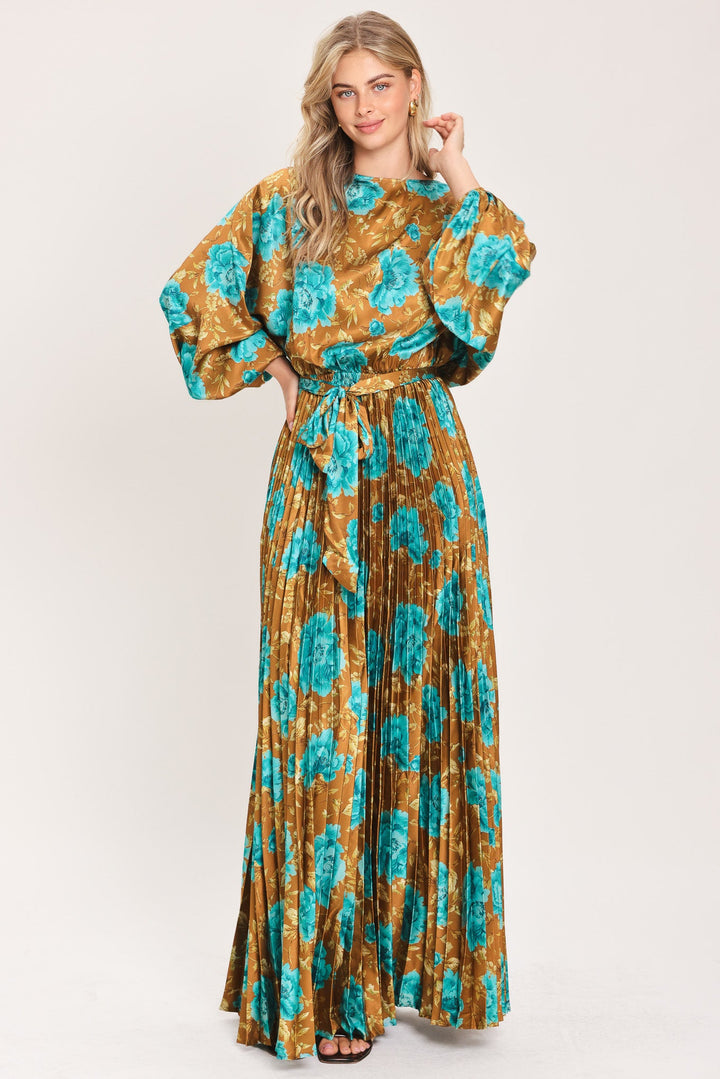 GOLDEN BLOOM LUXE WOVEN SATIN MAXI DRESS