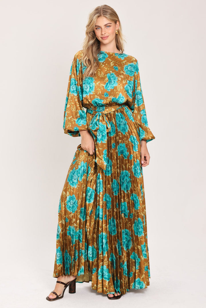 GOLDEN BLOOM LUXE WOVEN SATIN MAXI DRESS