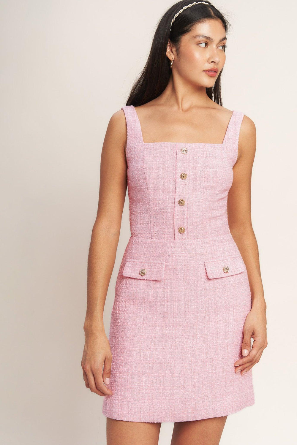 On My Way Pink Woven Tweed Mini Dress from KADOU Boutique
