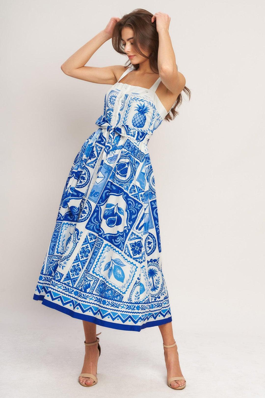 Blue Majolica Charm Woven Midi Dress from KADOU Boutique