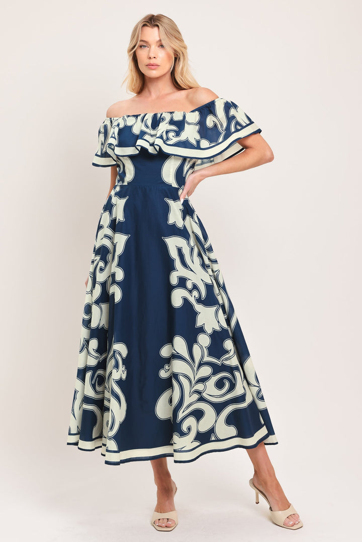 BLUE MAJOLICA WOVEN MIDI DRESS