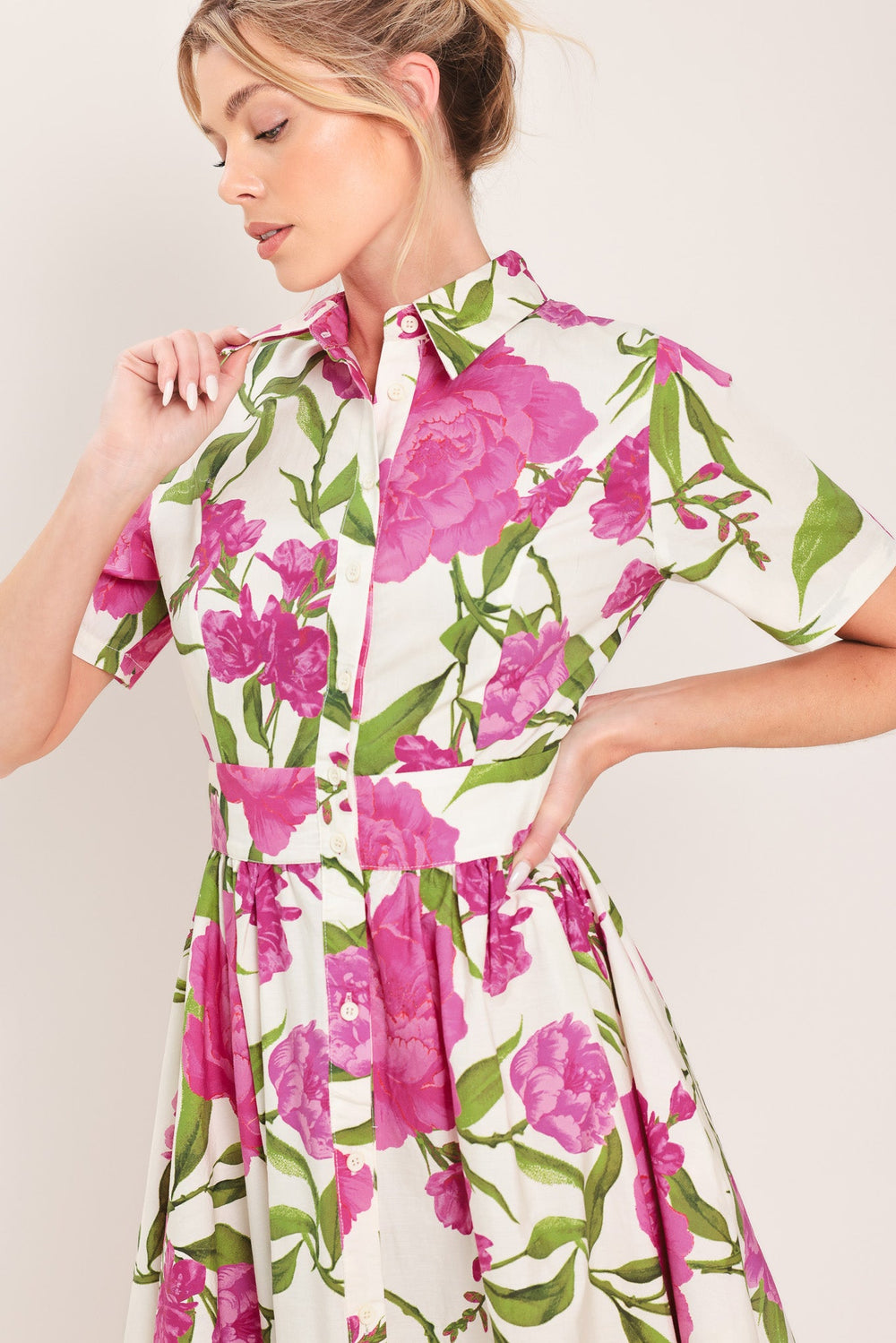 Blooming Rose Woven Maxi Shirt Dress from KADOU Boutique