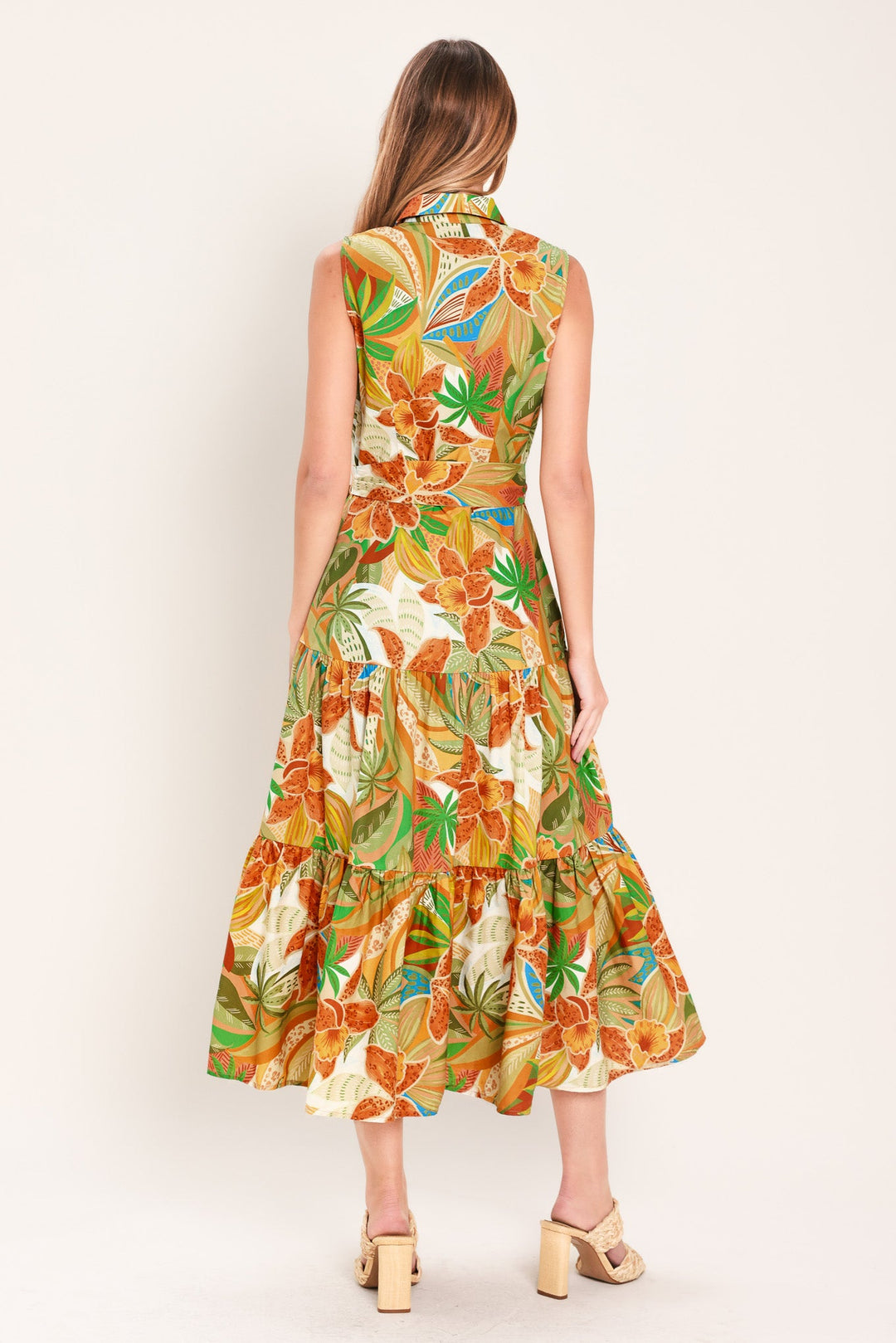 TROPICAL BLOOM TIERED WOVEN MINI SHIRT DRESS