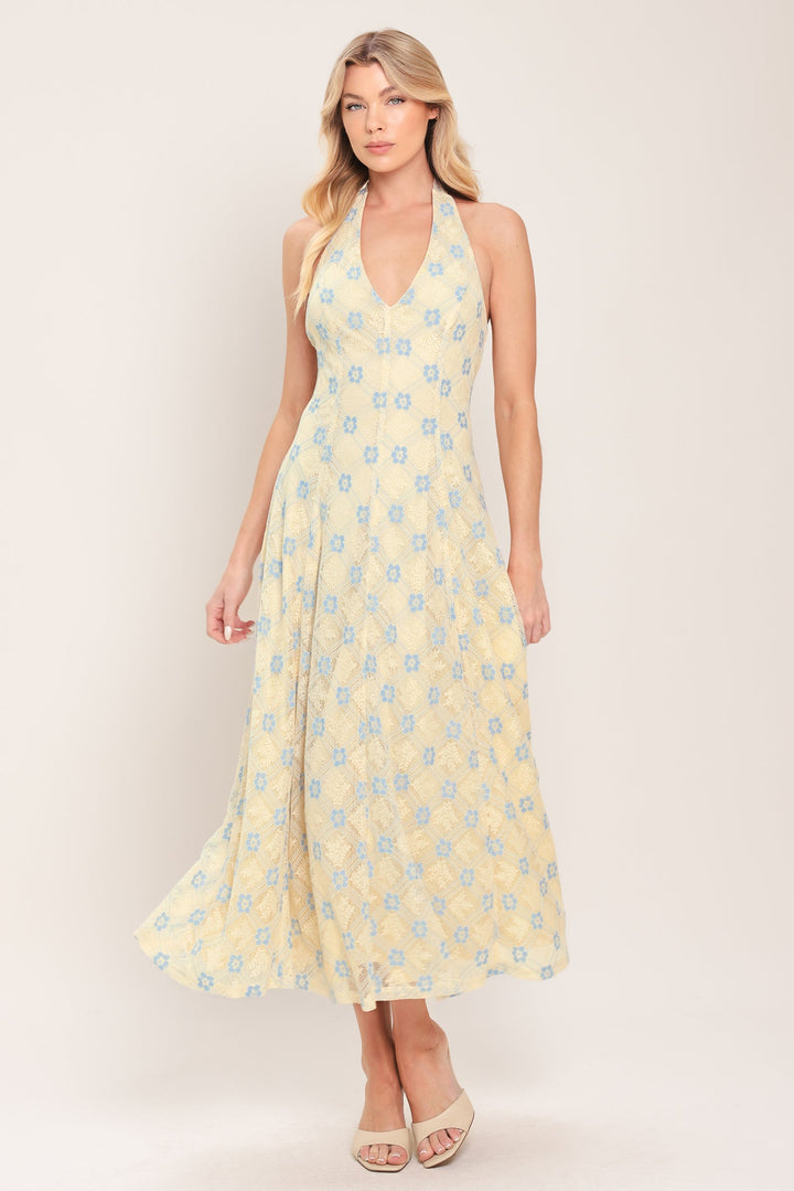 Delicate Bloom Halter Woven Lace Midi Dress from KADOU Boutique