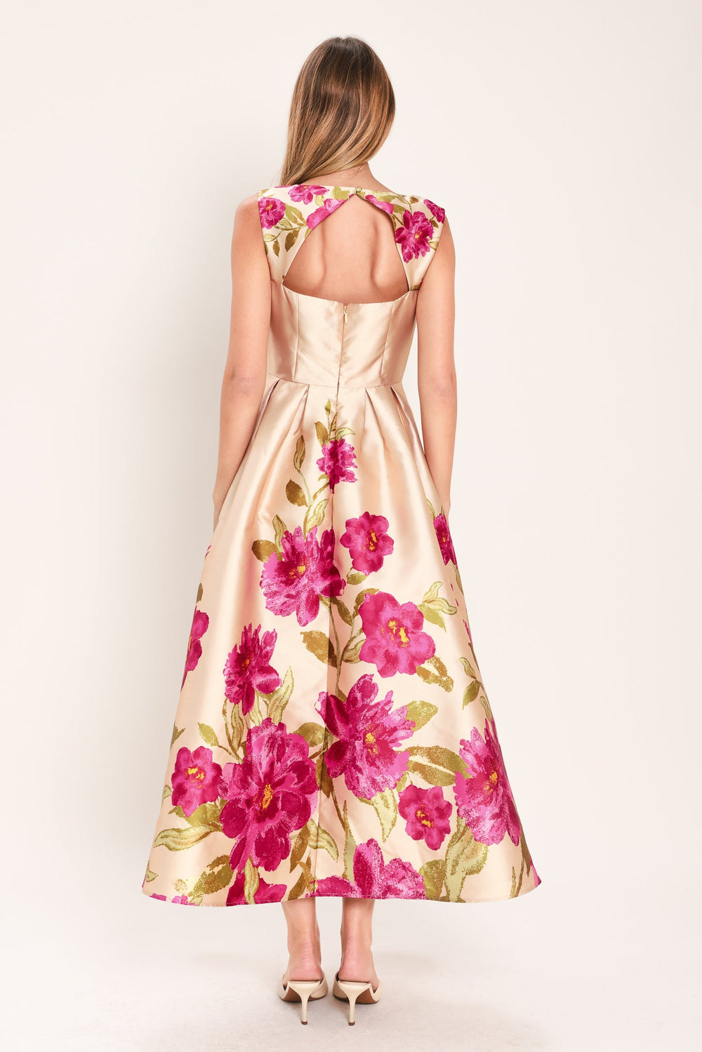Soft Satin Floral Woven Midi Dress from KADOU Boutique