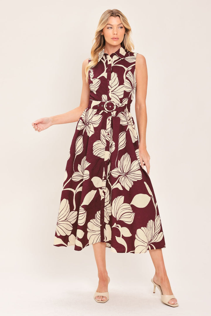CLARET FLORAL DAY WOVEN MIDI DRESS