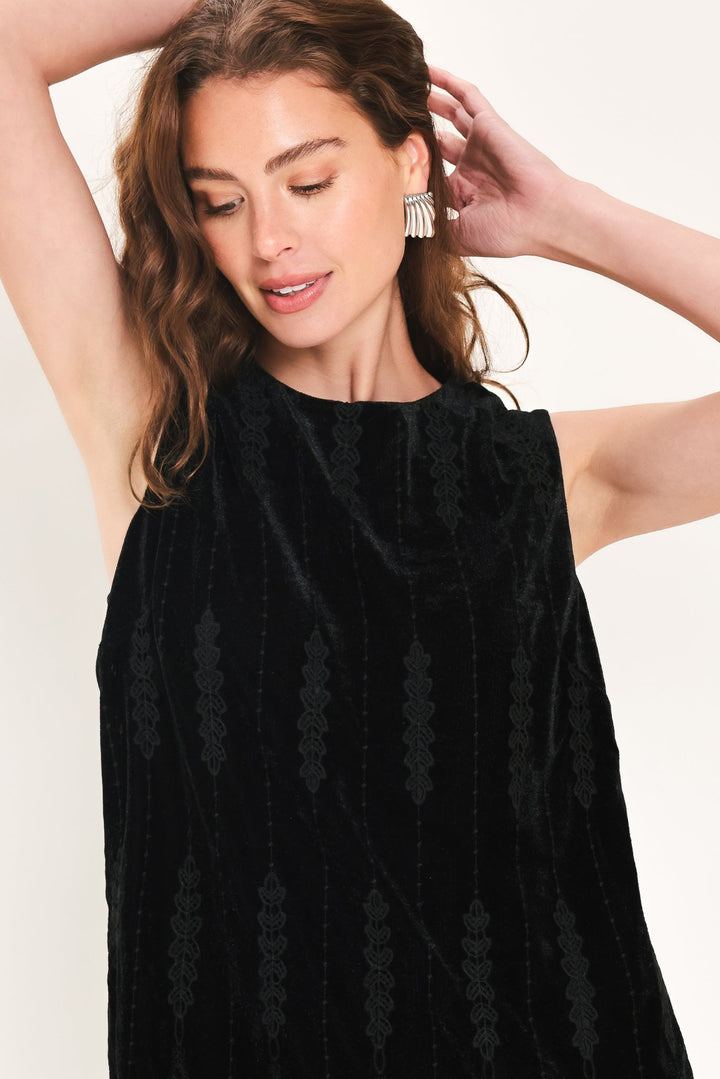VELVET NOIR BLACK TEXTURED SLEEVELESS MINI DRESS