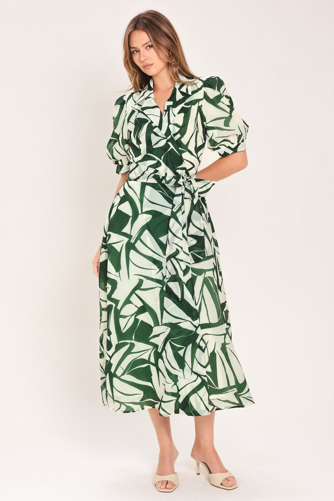 BOTANICAL BREEZE WOVEN TRUE WRAP MIDI DRESS