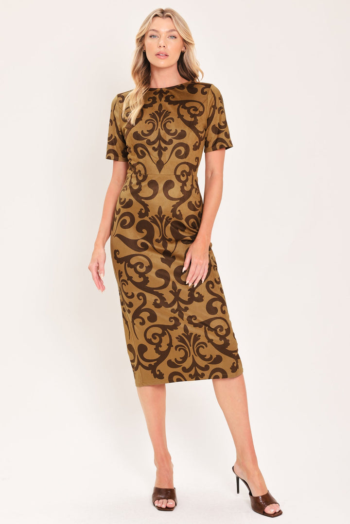 Cognac Scroll Silhouette Faux Suede Midi Dress from KADOU Boutique