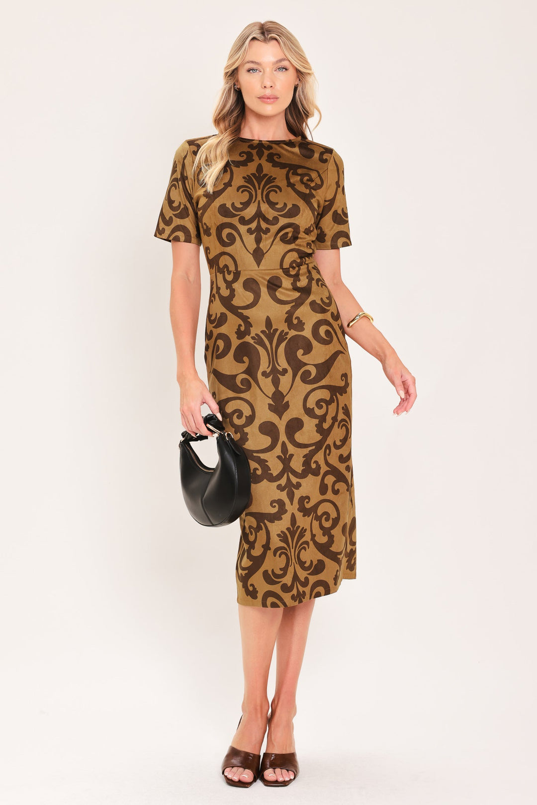 Cognac Scroll Silhouette Faux Suede Midi Dress from KADOU Boutique