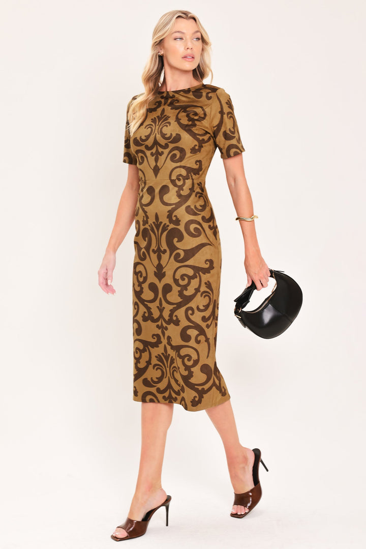Cognac Scroll Silhouette Faux Suede Midi Dress from KADOU Boutique