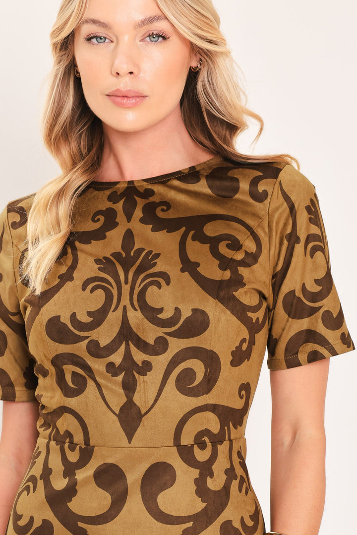 Cognac Scroll Silhouette Faux Suede Midi Dress from KADOU Boutique