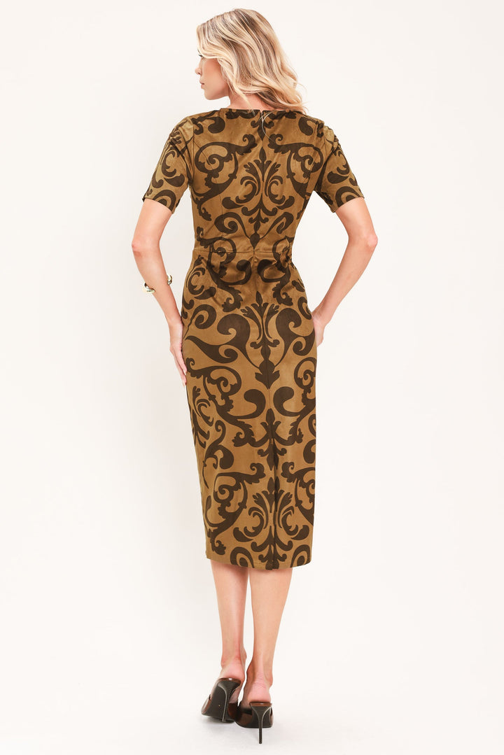 COGNAC SCROLL SILHOUETTE FAUX SUEDE MIDI DRESS