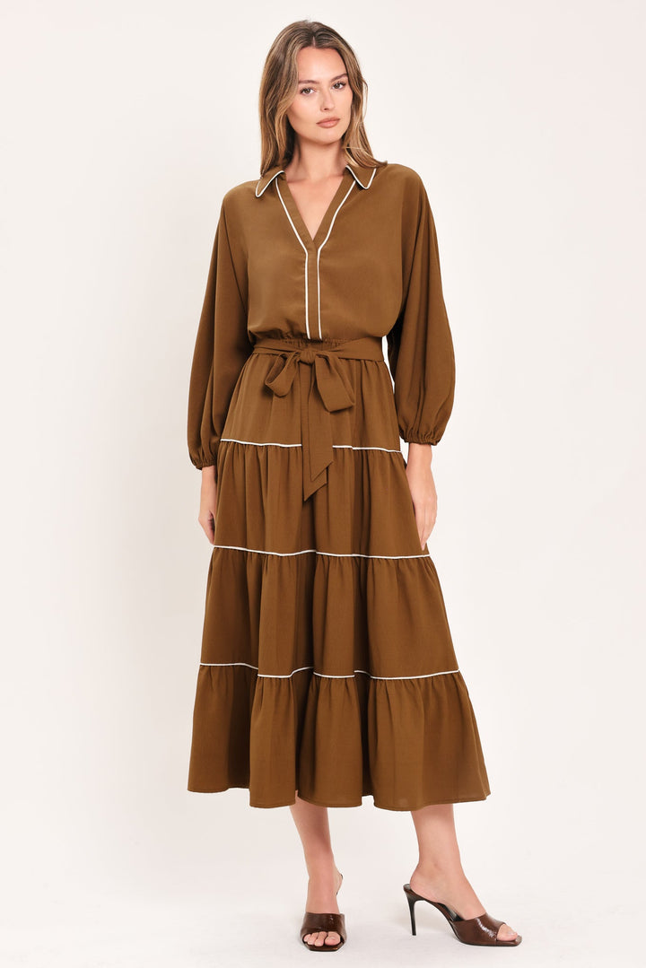 MAPLE TIERED MOMENTS WOVEN MIDI DRESS