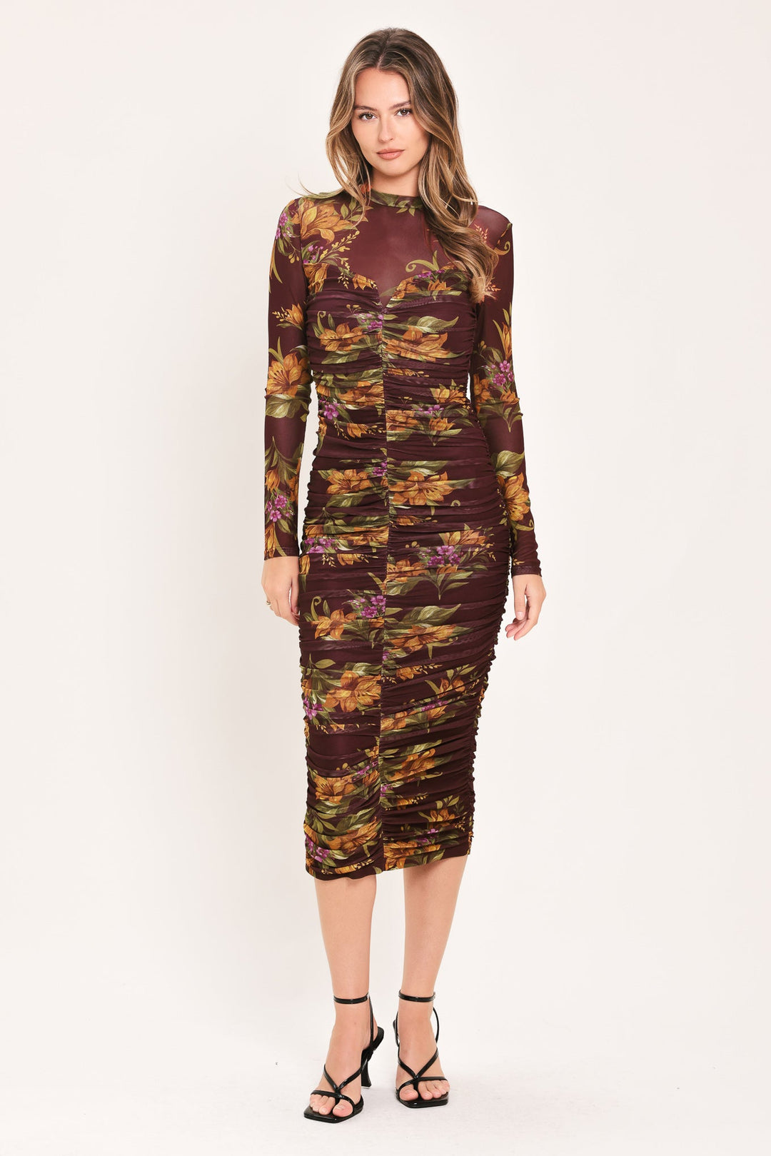 Russet Floral Elegance Power Mesh Midi Dress from KADOU Boutique