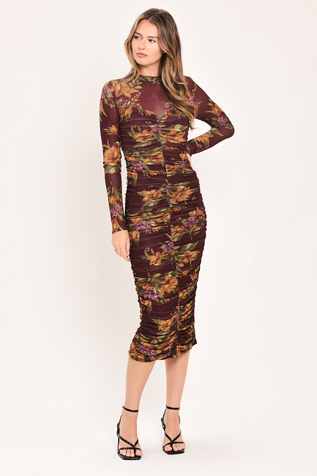 Russet Floral Elegance Power Mesh Midi Dress from KADOU Boutique