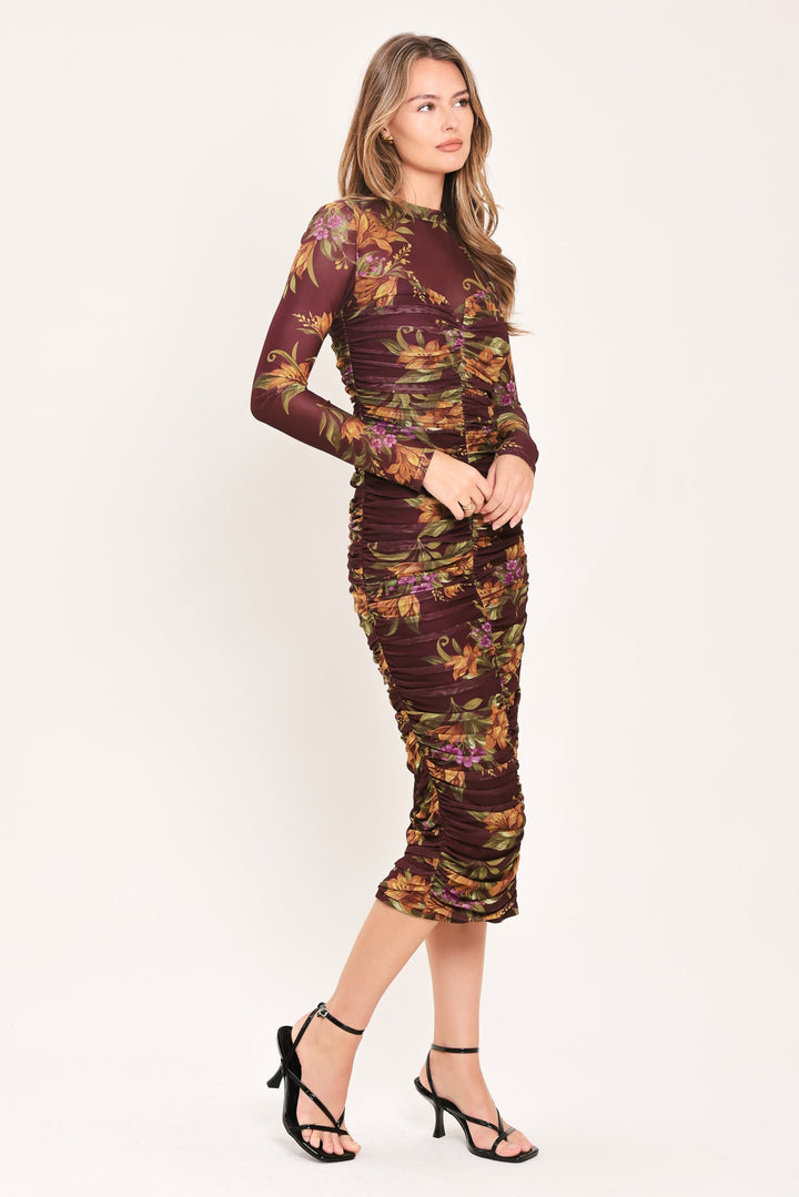 Russet Floral Elegance Power Mesh Midi Dress from KADOU Boutique