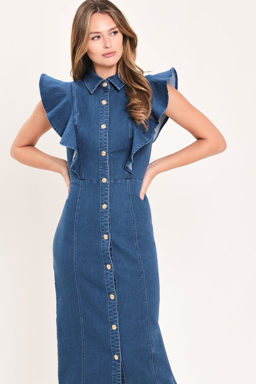 Sweetheart Button Parade Denim Midi Dress from KADOU Boutique
