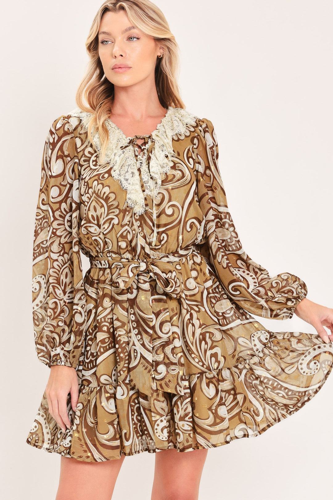 Hazelnut Lace Story Woven Mini Dress from KADOU Boutique