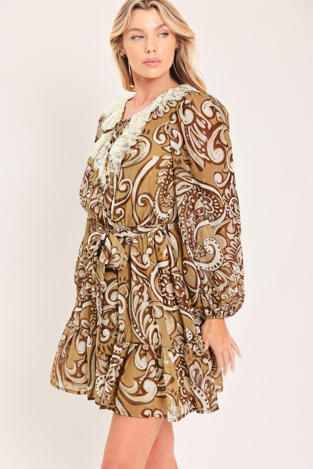Hazelnut Lace Story Woven Mini Dress from KADOU Boutique