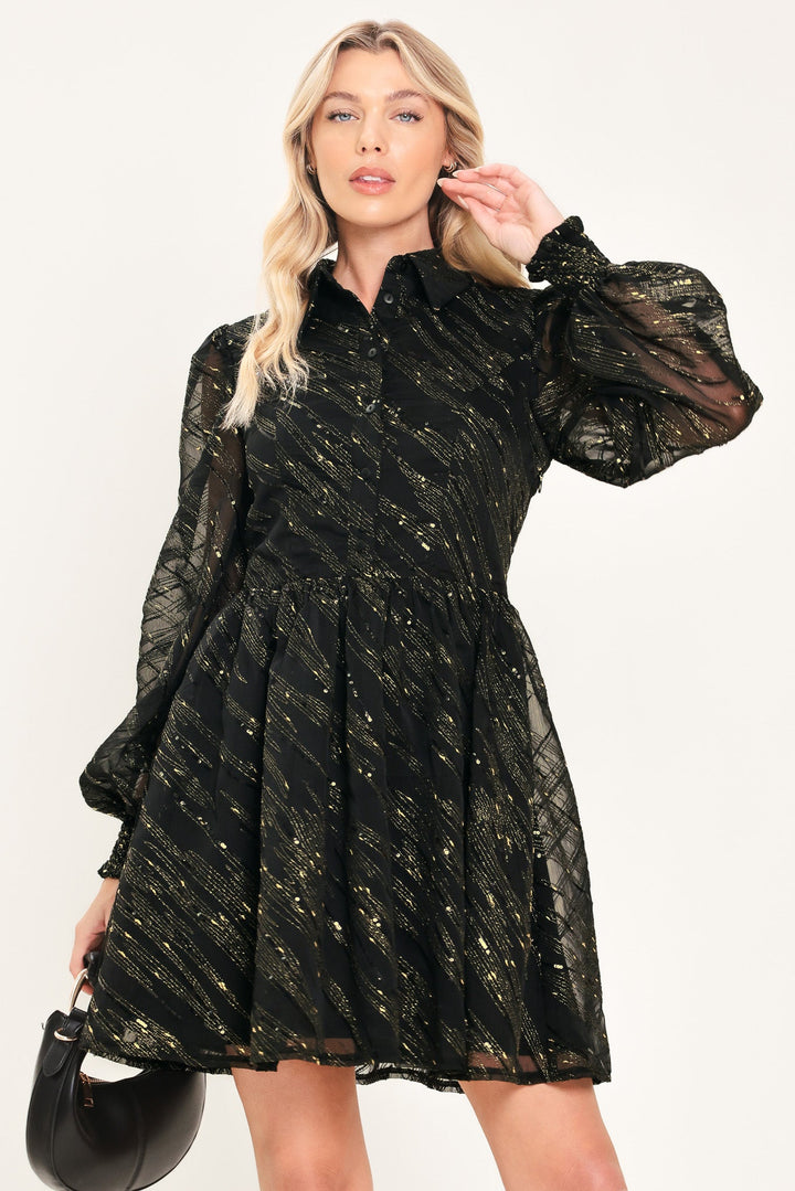 GILDED NOIR BLACK/GOLD METALLIC BUTTON-DOWN MINI DRESS