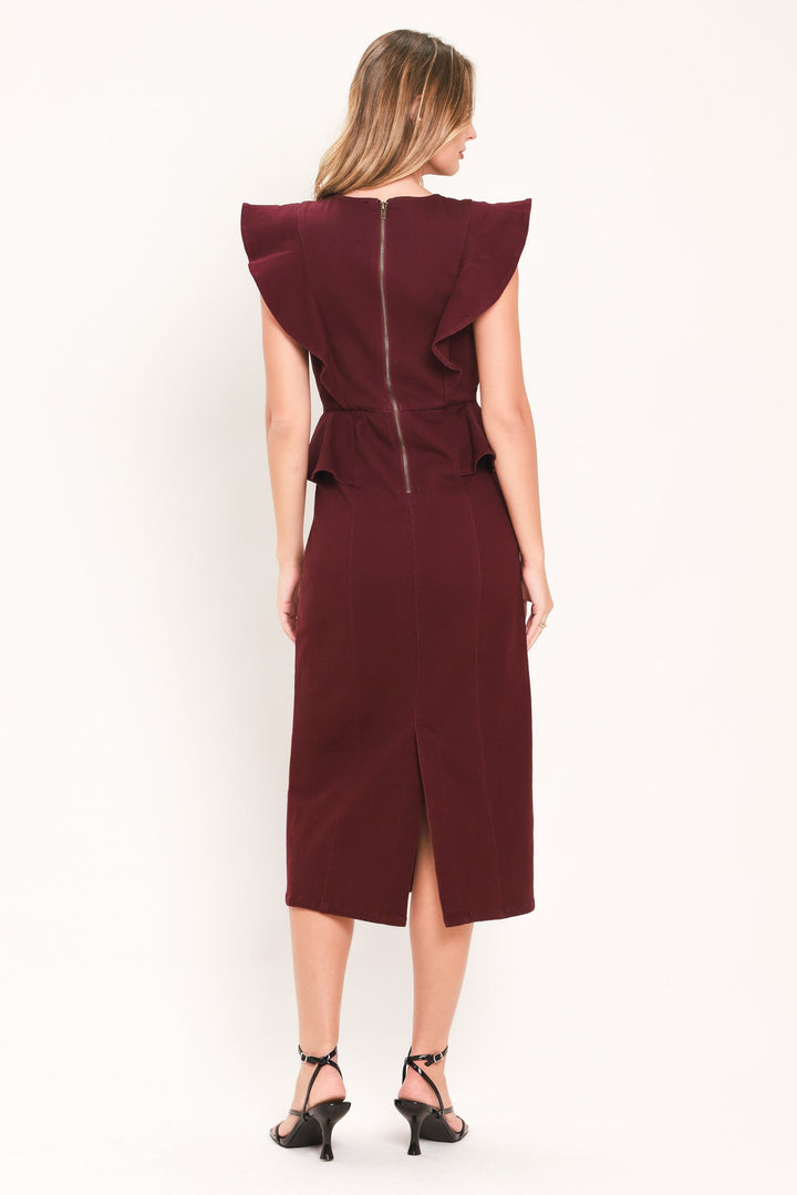 BURGUNDY RUFFLE REVERENCE WOVEN MIDI DRESS