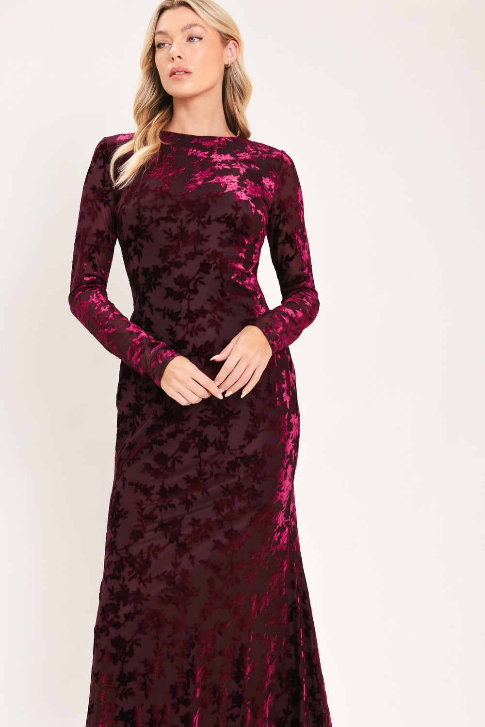 Cabernet Floral Muse Velvet Midi Dress from KADOU Boutique