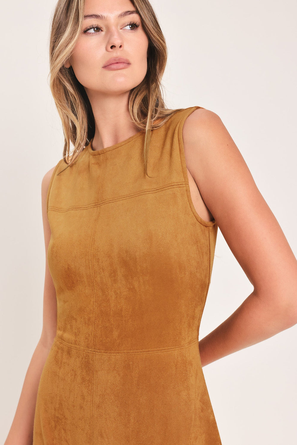 Harvest Moon Camel Faux Suede Fit & Flare Midi Dress from KADOU Boutique
