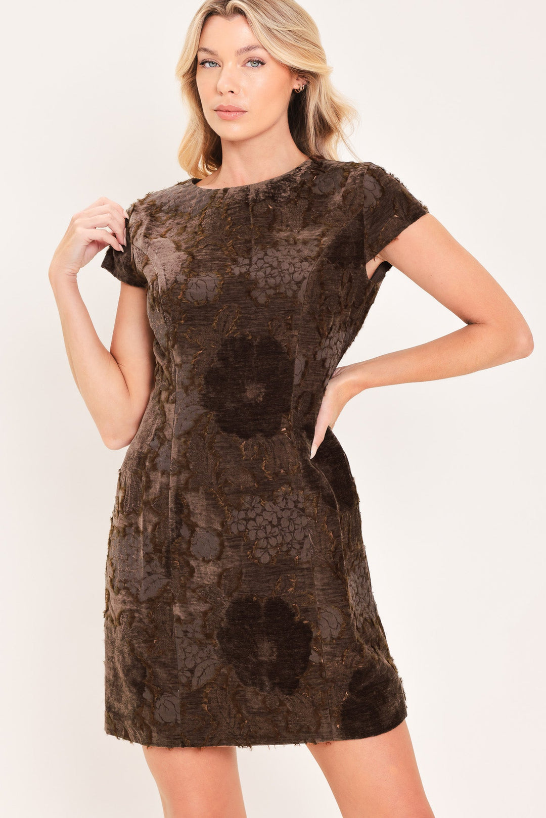 Deep Coffee Contour Jacquard Velvet Mini Dress from KADOU Boutique