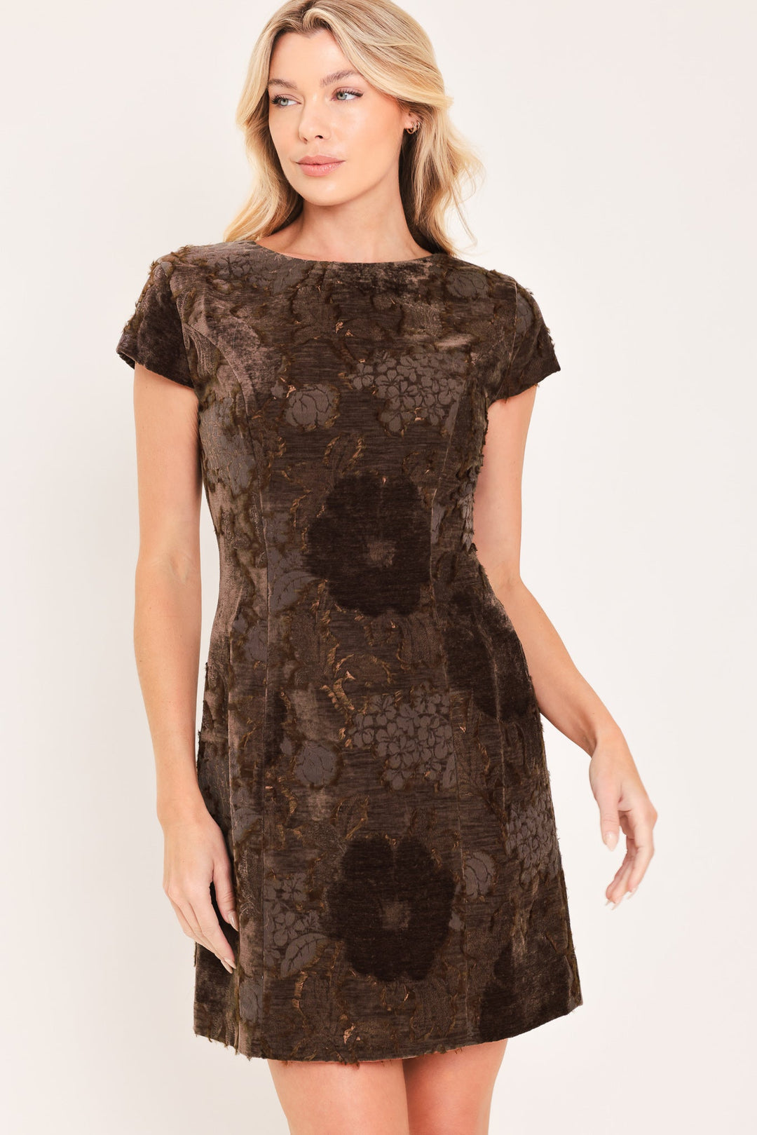 Deep Coffee Contour Jacquard Velvet Mini Dress from KADOU Boutique