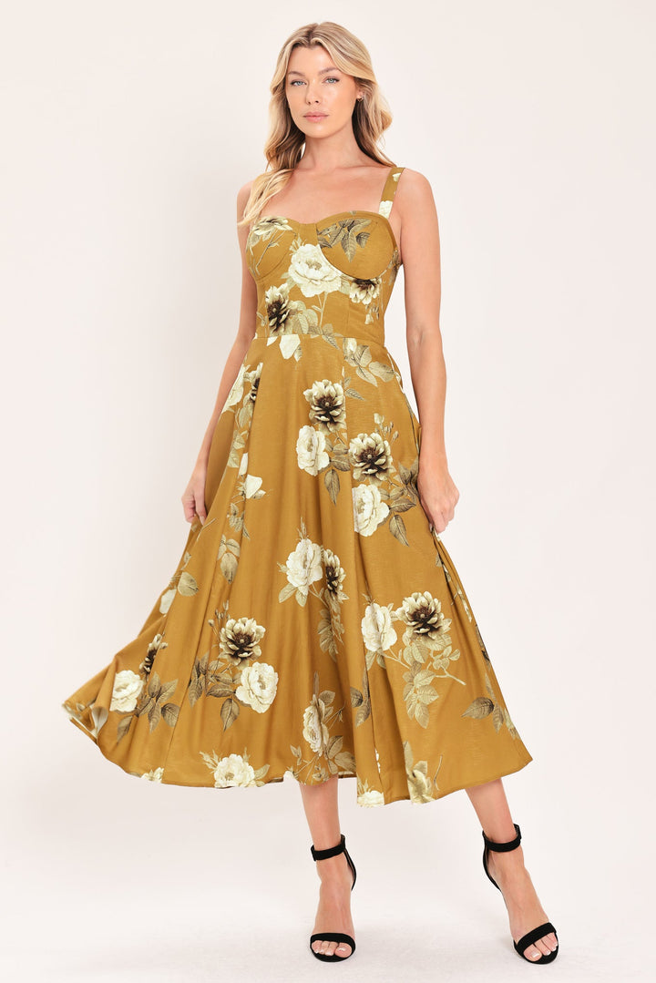 Mustard Rosette Melody Woven Midi Dress from KADOU Boutique