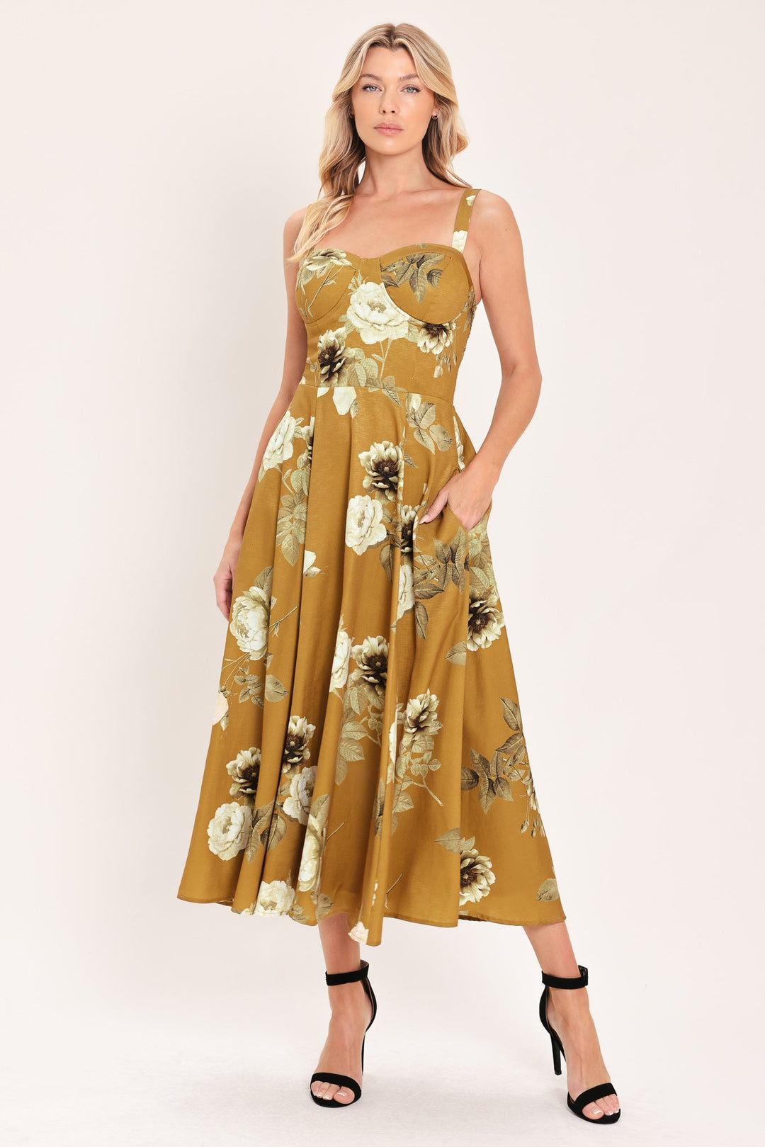 Mustard Rosette Melody Woven Midi Dress from KADOU Boutique