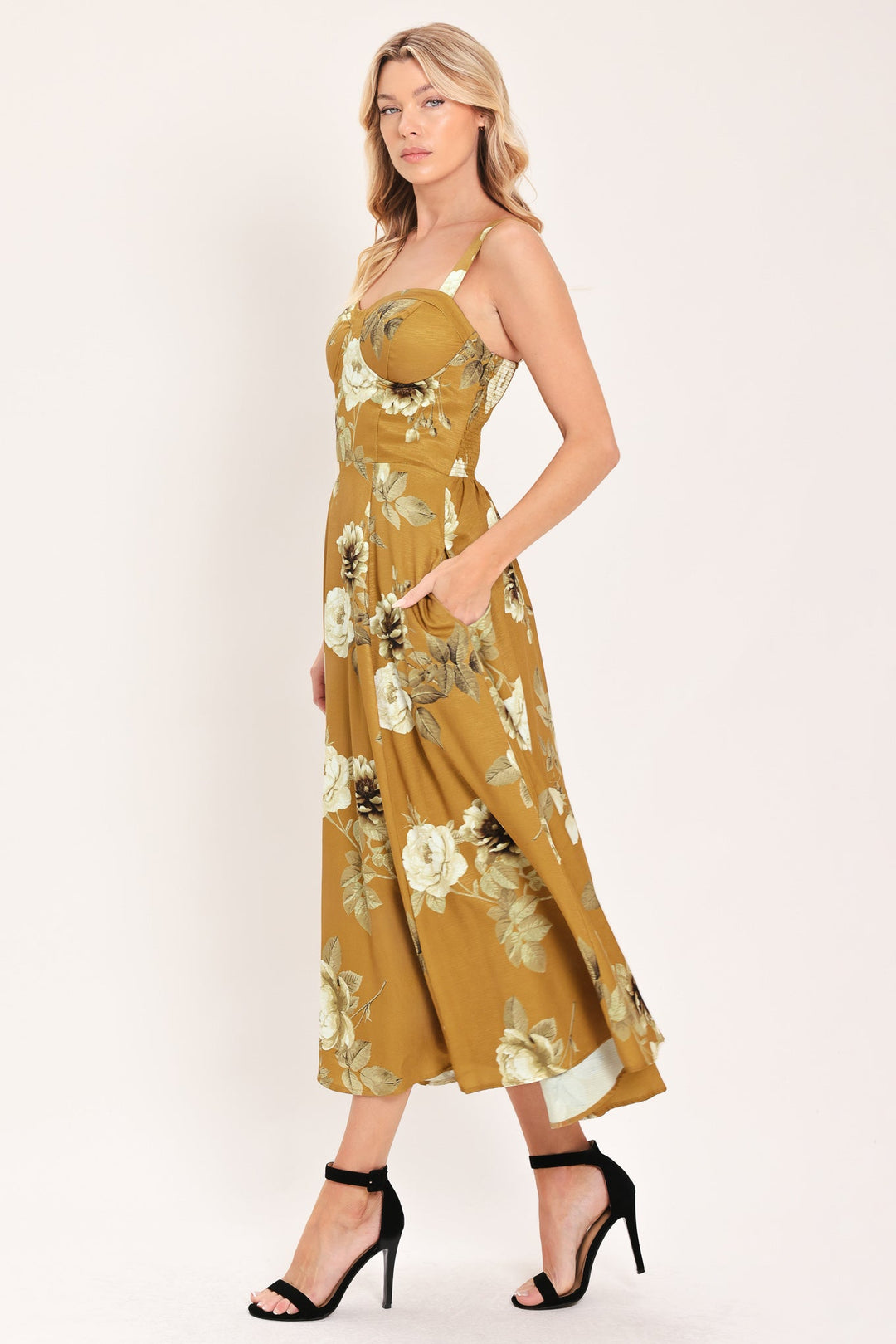 Mustard Rosette Melody Woven Midi Dress from KADOU Boutique