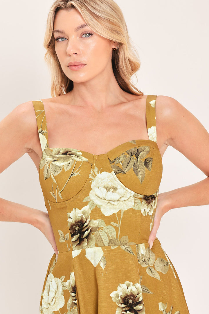 Mustard Rosette Melody Woven Midi Dress from KADOU Boutique