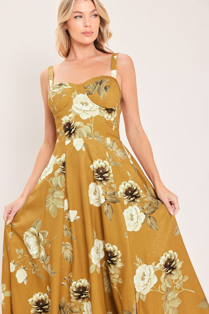 Mustard Rosette Melody Woven Midi Dress from KADOU Boutique