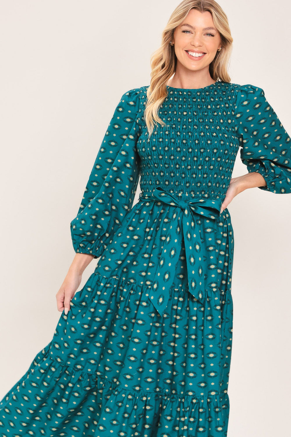 Ocean Dot Ruffle Woven Midi Dress from KADOU Boutique