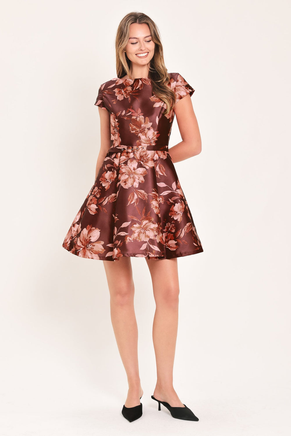 Mahogany Floral Kiss Woven Mini Dress from KADOU Boutique