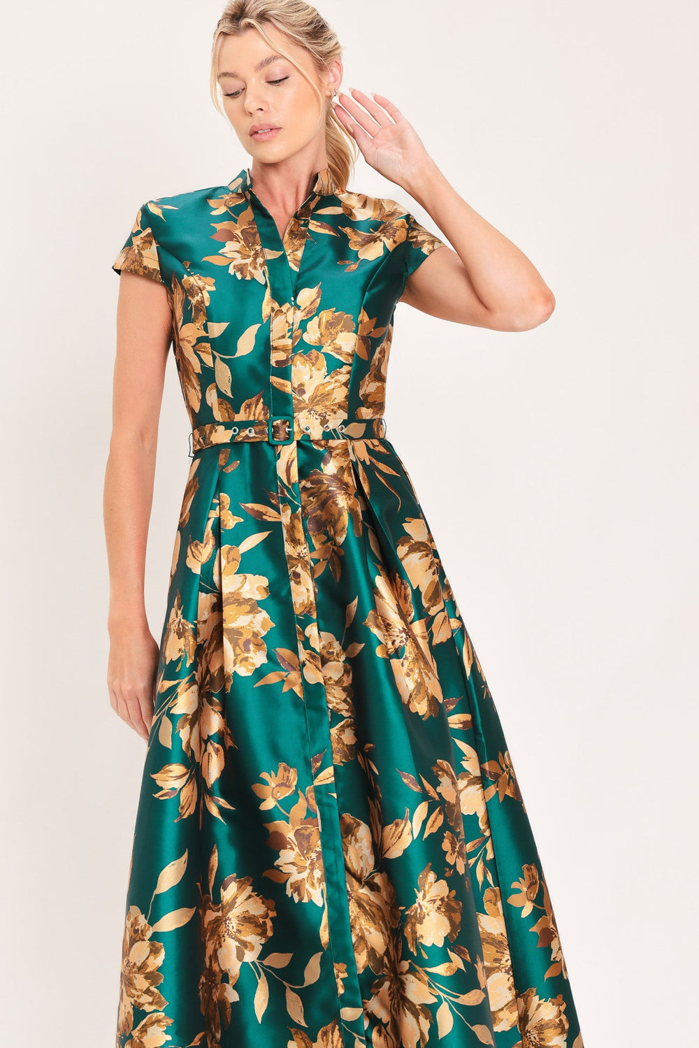 Emerald Golden Bloom Woven Maxi Dress from KADOU Boutique