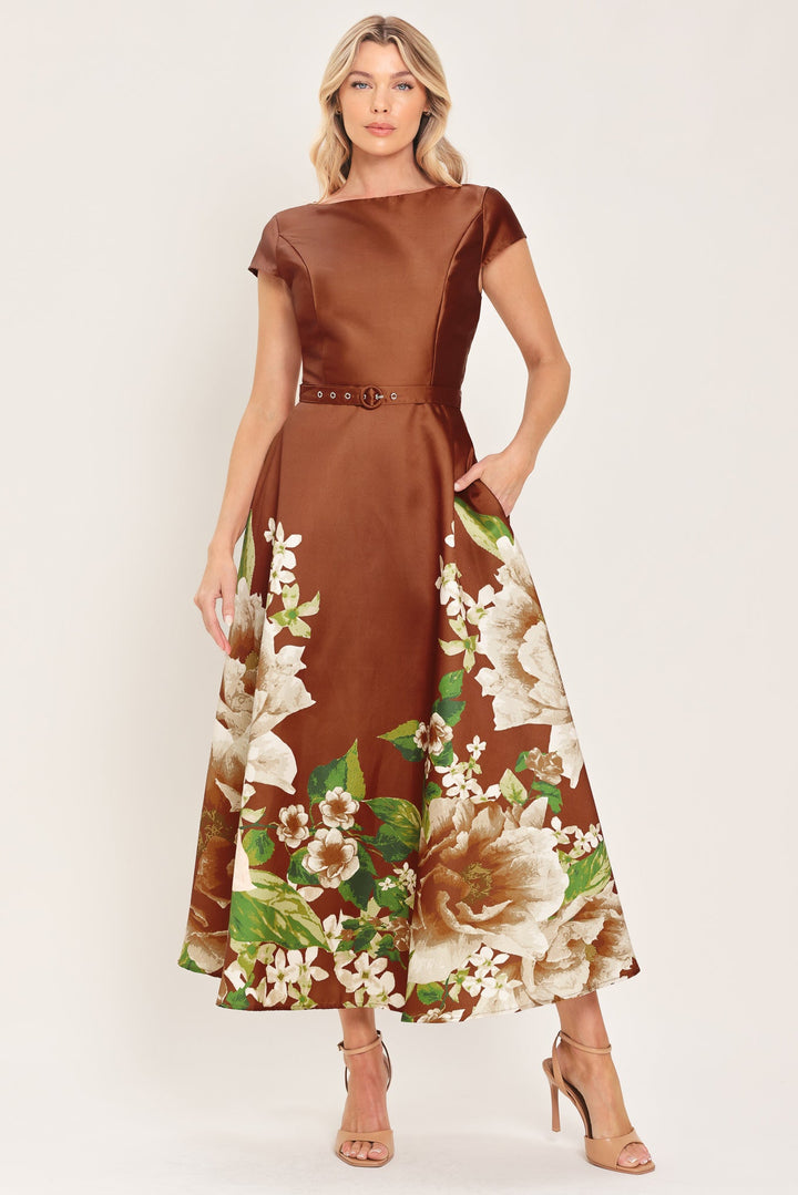 RUST REVERIE RUST PRINTED BELTED CIRCLE-SKIRT MIDI DRESS