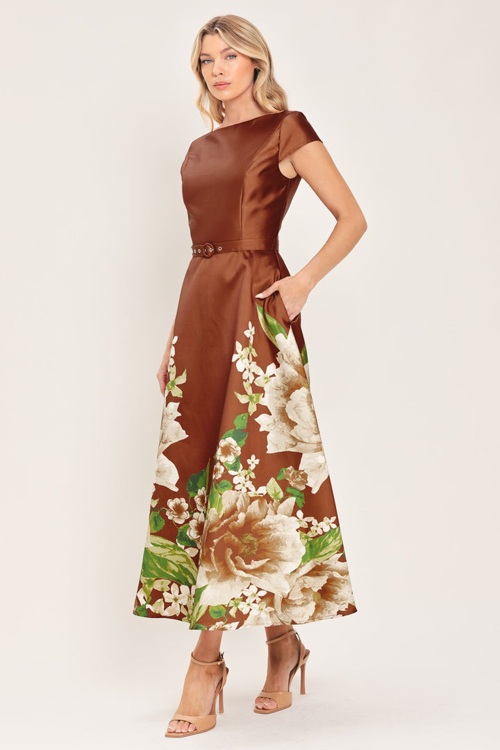 RUST REVERIE RUST PRINTED BELTED CIRCLE-SKIRT MIDI DRESS
