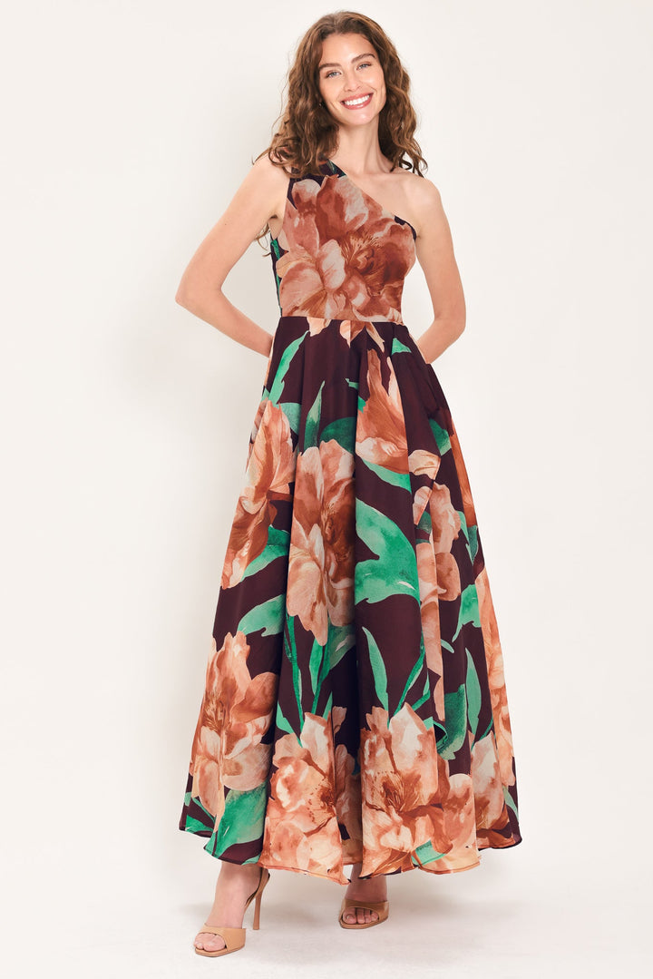 VINTAGE MERLOT WINE PRINTED ONE-SHOULDER MAXI DRESS