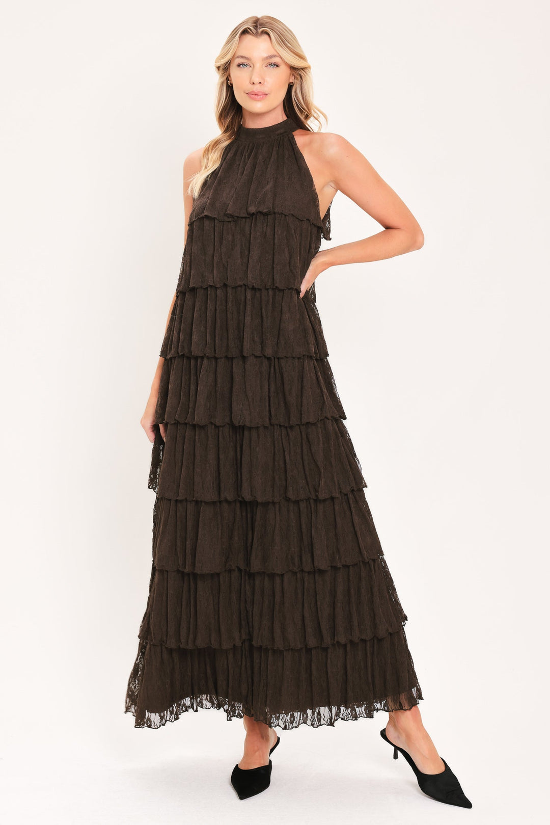 Deep Brown Lace Drift Halter Woven Maxi Dress from KADOU Boutique
