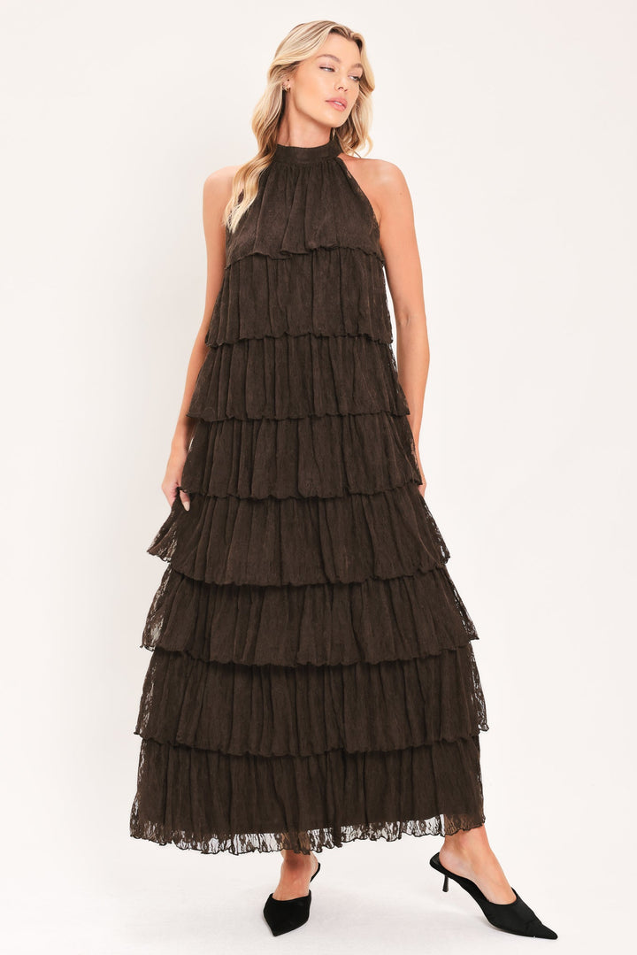 Deep Brown Lace Drift Halter Woven Maxi Dress from KADOU Boutique