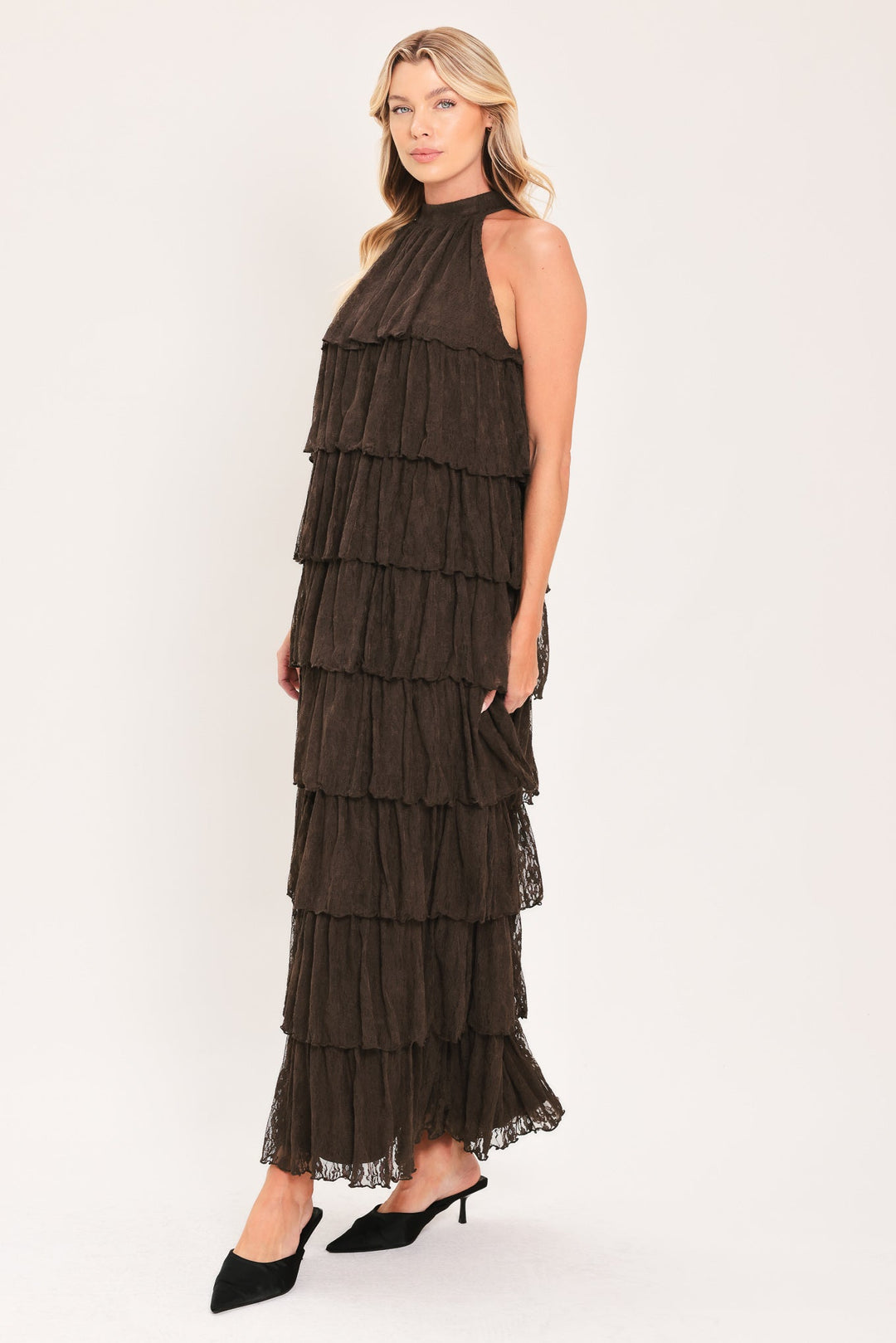 Deep Brown Lace Drift Halter Woven Maxi Dress from KADOU Boutique