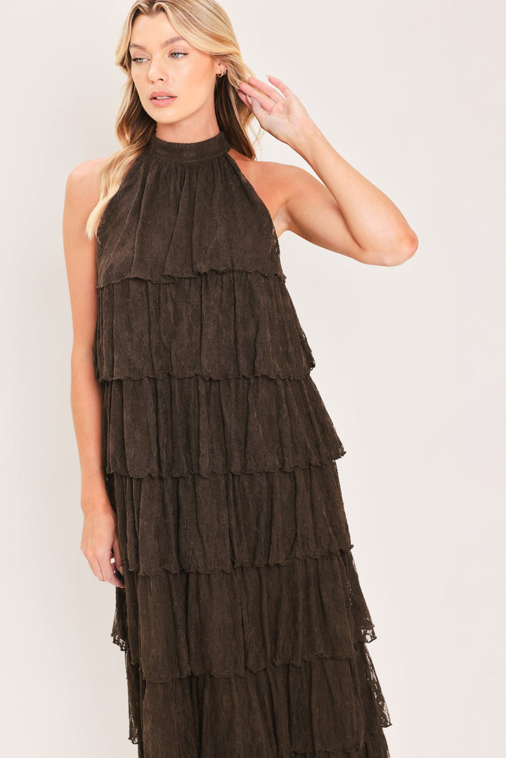 Deep Brown Lace Drift Halter Woven Maxi Dress from KADOU Boutique