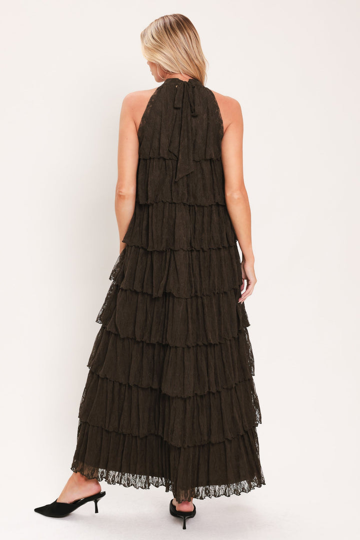 DEEP BROWN LACE DRIFT HALTER WOVEN MAXI DRESS