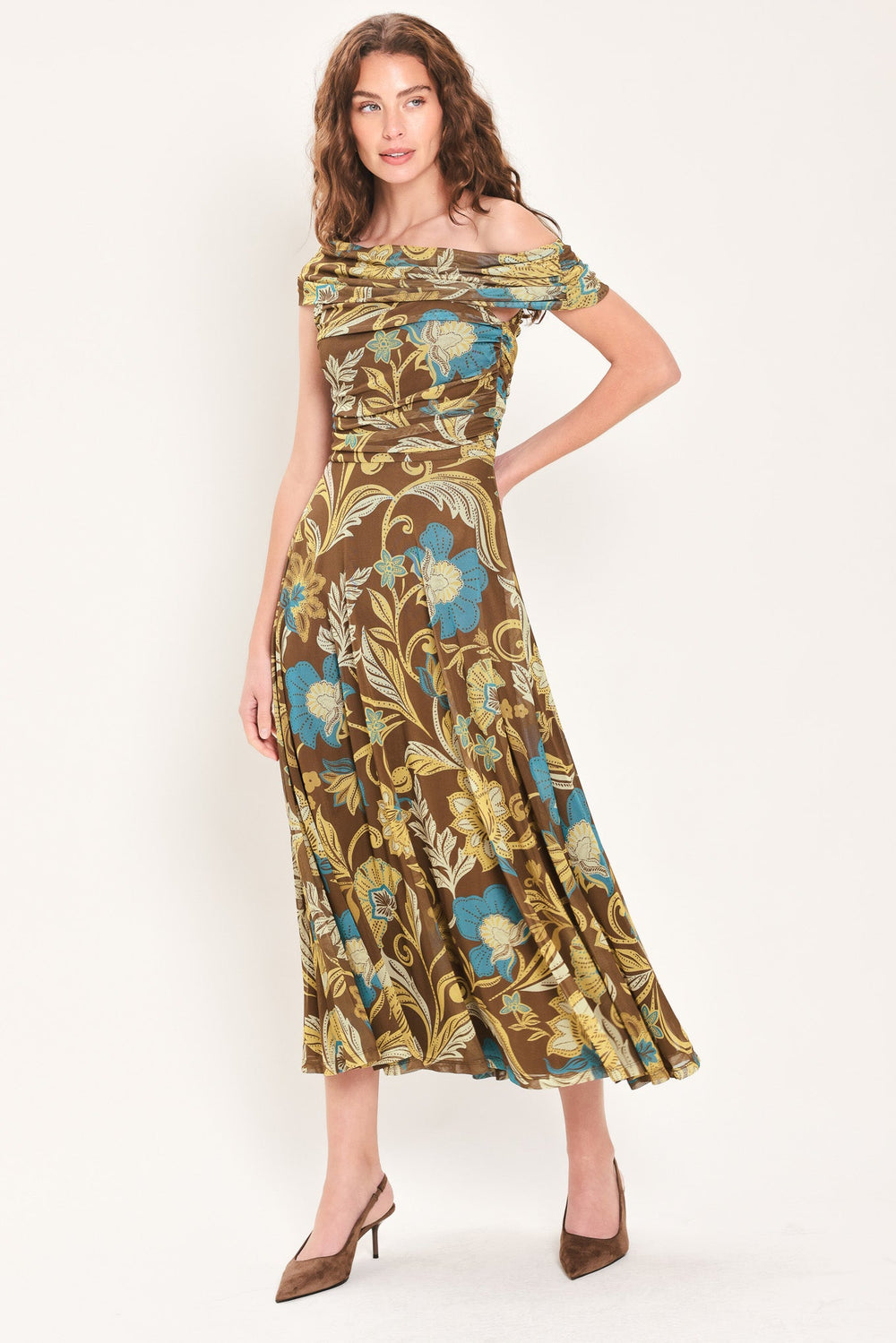 Teal Temptation Brown/teal Draped One-Shoulder Mesh Midi Dress from KADOU Boutique