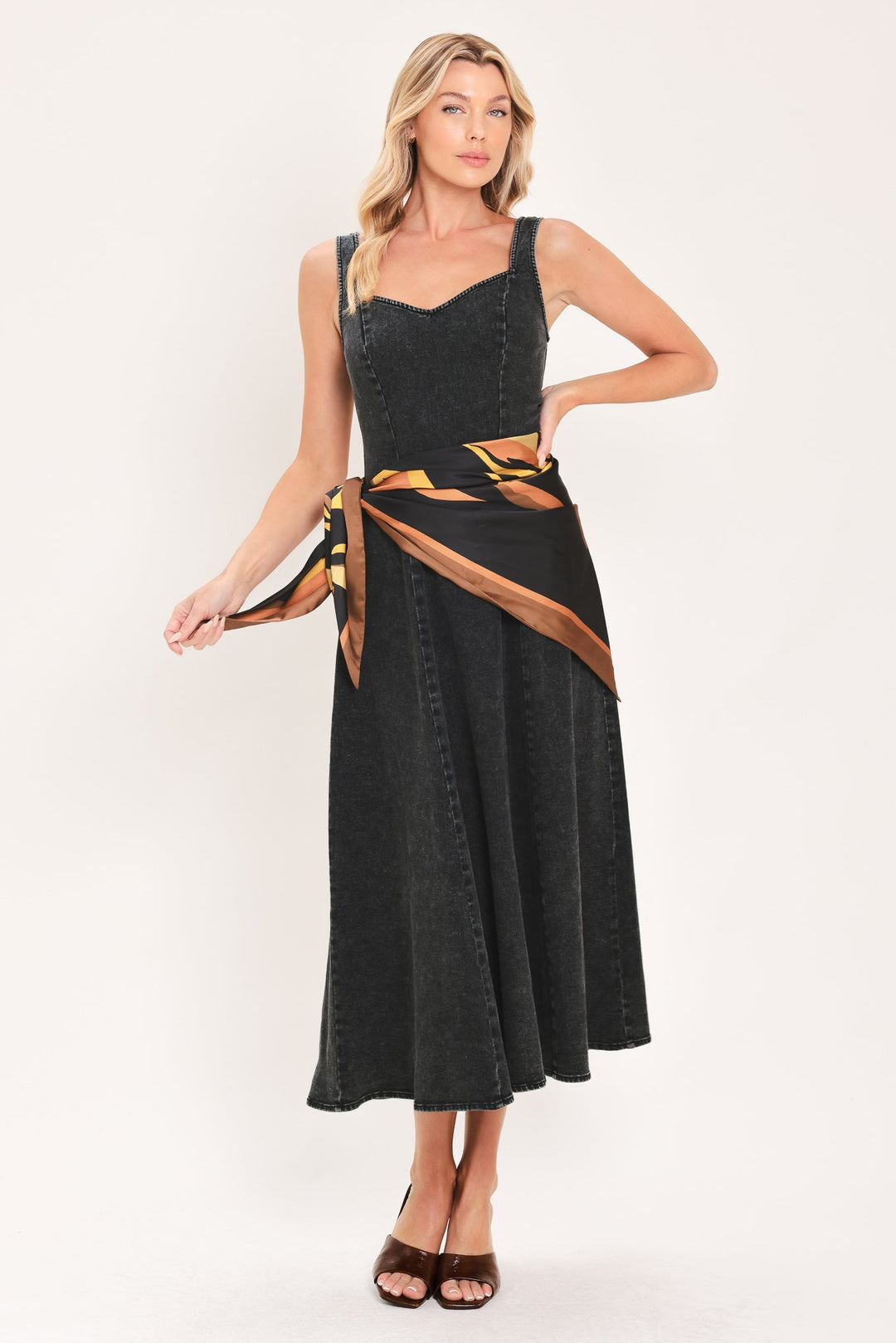 Darkwash Scarf Elegance Denim Midi Dress from KADOU Boutique
